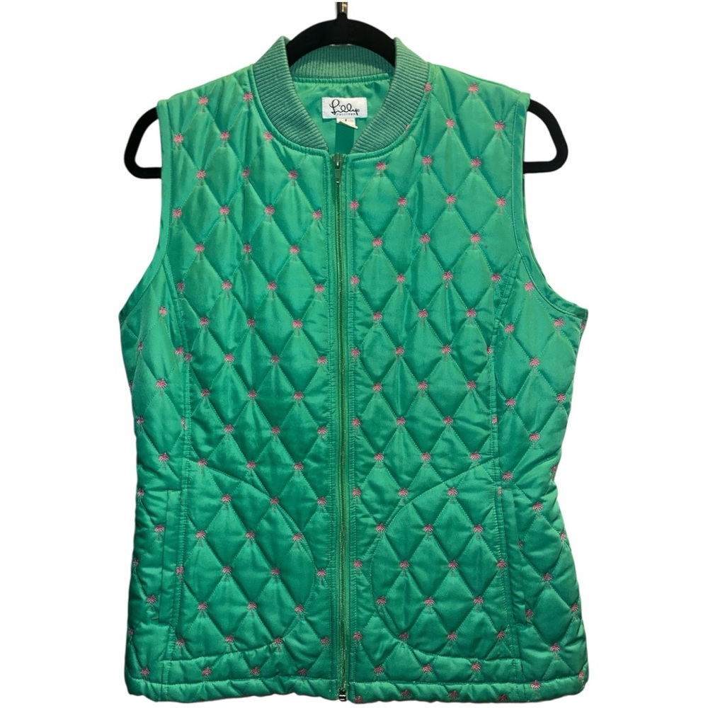 Lilly Pulitzer White Label Vintage Green Quilted Vest w/Pink Palm Trees S